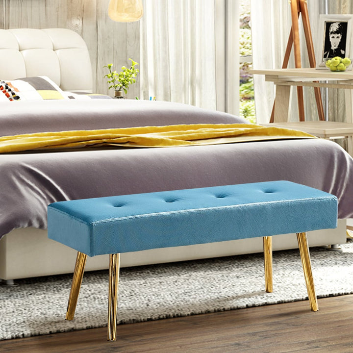 Blue Tufted Velvet Bed End Stool Bench with Gold Legs - Bedroom Bench for Long Bed - Benches for Bedroom Image 1