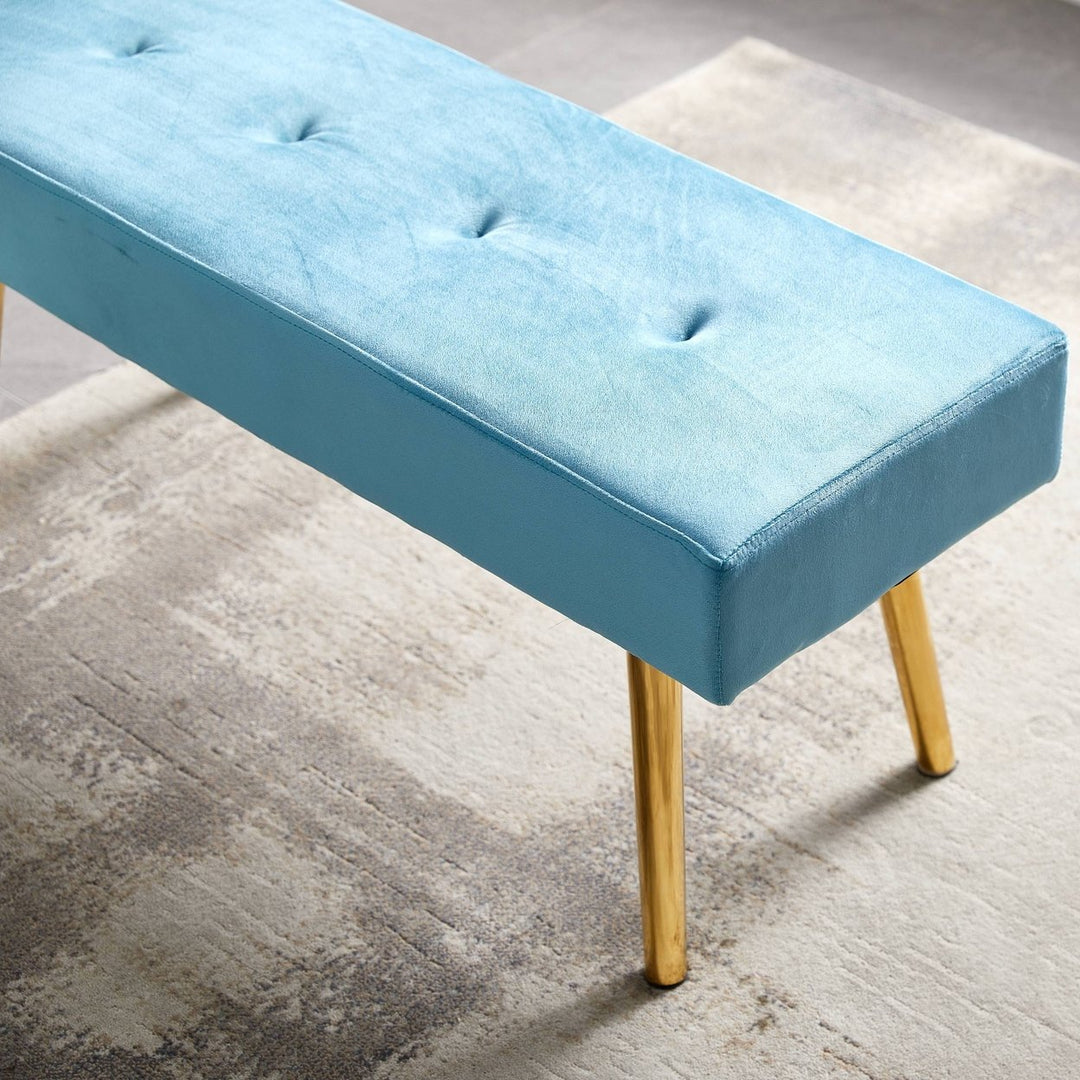 Blue Tufted Velvet Bed End Stool Bench with Gold Legs - Bedroom Bench for Long Bed - Benches for Bedroom Image 5