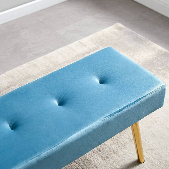 Blue Tufted Velvet Bed End Stool Bench with Gold Legs - Bedroom Bench for Long Bed - Benches for Bedroom Image 6