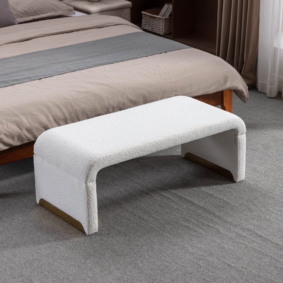 Boucle Fabric Loveseat Ottoman Footstool Bedroom Bench Shoe Bench Gold Metal Legs Ivory White Image 1