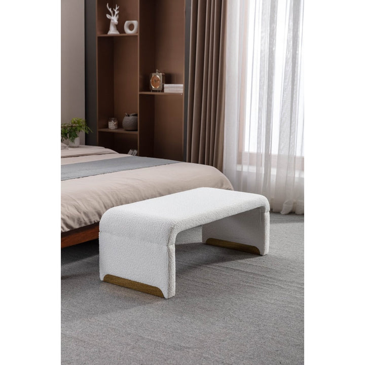 Boucle Fabric Loveseat Ottoman Footstool Bedroom Bench Shoe Bench Gold Metal Legs Ivory White Image 2