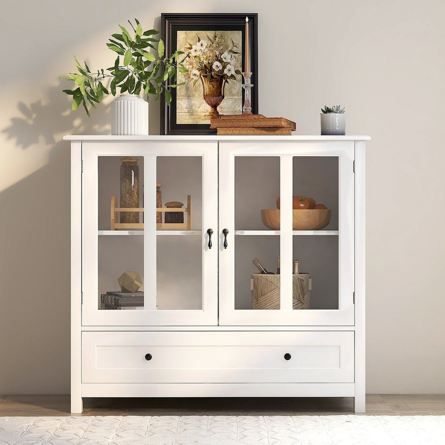 Buffet Storage Cabinet with Double Glass Doors and Unique Bell Handle - Stylish Dining Room Furniture for Organization Image 1
