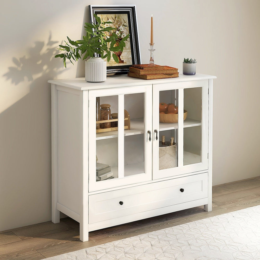 Buffet Storage Cabinet with Double Glass Doors and Unique Bell Handle - Stylish Dining Room Furniture for Organization Image 2