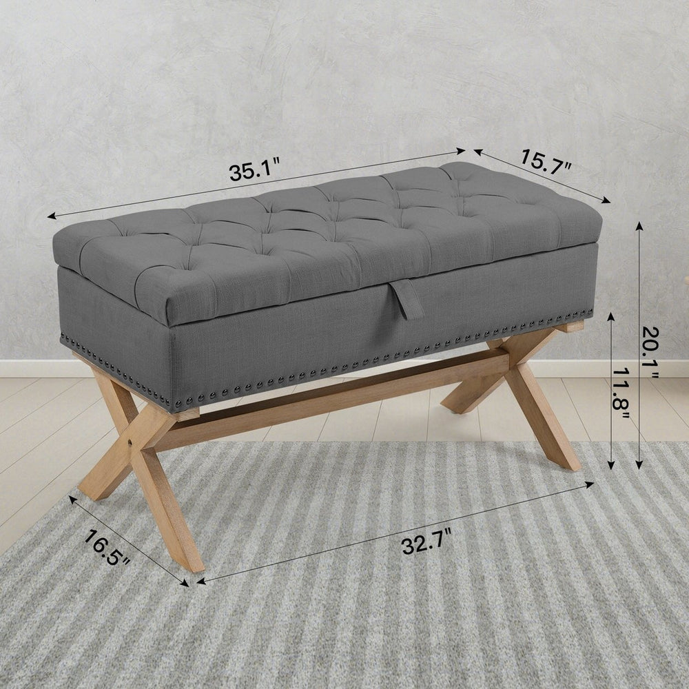 Button-Tufted Linen Storage Ottoman Bench with Storage - 35 Inch Ottoman Image 2