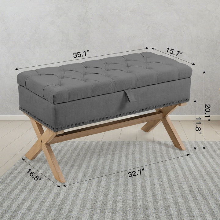 Button-Tufted Linen Storage Ottoman Bench 35 Inch Dark Grey Rubberwood Frame Image 2