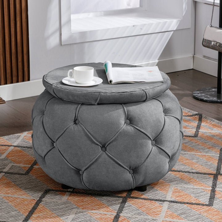 Large Button Tufted Woven Round Storage Ottoman for Living Room Bedroom 17.7 Inch Height Burlap Grey Color Image 3