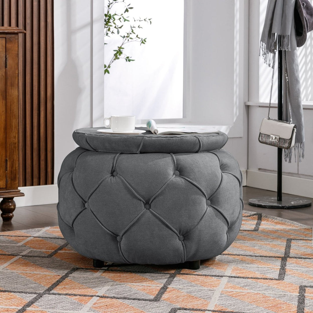 Large Button Tufted Woven Round Storage Ottoman for Living Room Bedroom 17.7 Inch Height Burlap Grey Color Image 4