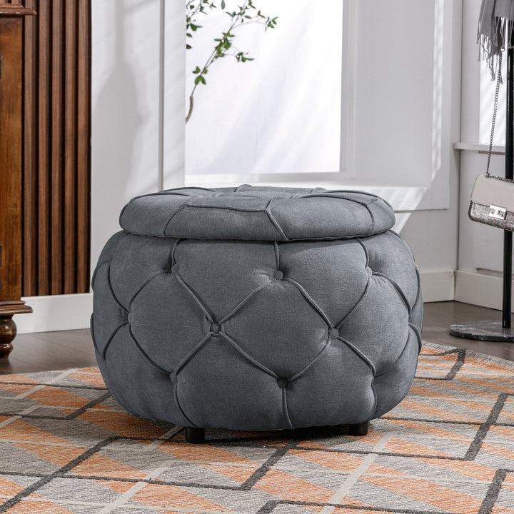 Large Button Tufted Woven Round Storage Ottoman for Living Room Bedroom 17.7 Inch Height Burlap Grey Color Image 5