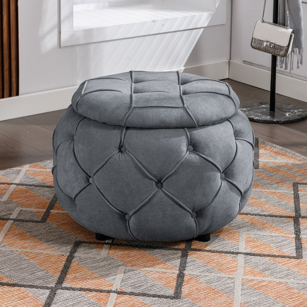 Large Button Tufted Woven Round Storage Ottoman for Living Room Bedroom 17.7 Inch Height Burlap Grey Color Image 6