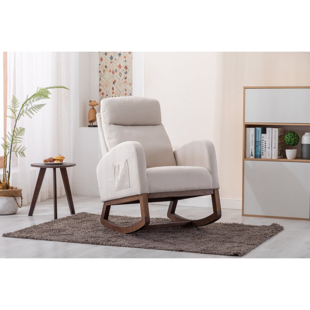 Comfortable Solid Wood Rocking Chair Beige Living Room Furniture Cozy Classic Design Image 4