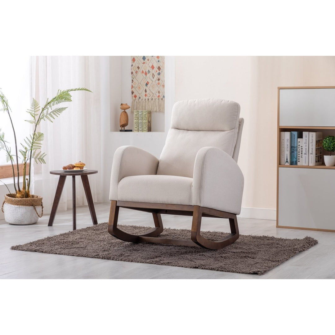 Comfortable Solid Wood Rocking Chair Beige Living Room Furniture Cozy Classic Design Image 8