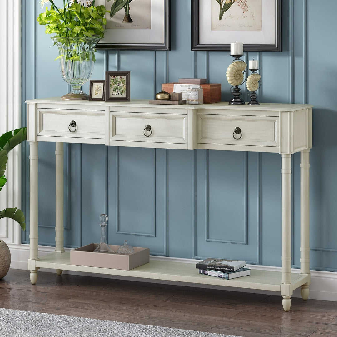 Console Table with Drawers for Entryway Antique White Sofa Table with Long Shelf and Projecting Drawers Image 1