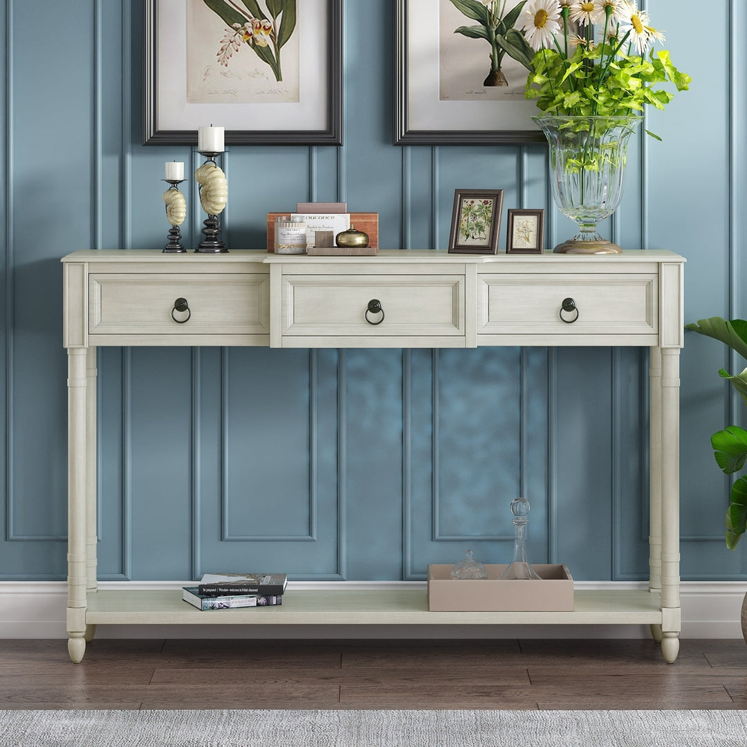 Console Table with Drawers for Entryway Antique White Sofa Table with Long Shelf and Projecting Drawers Image 2