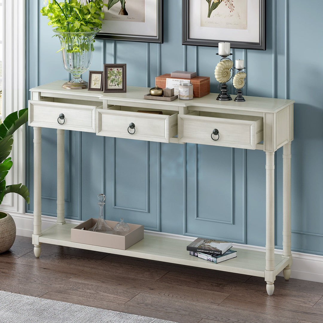 Console Table with Drawers for Entryway Antique White Sofa Table with Long Shelf and Projecting Drawers Image 3