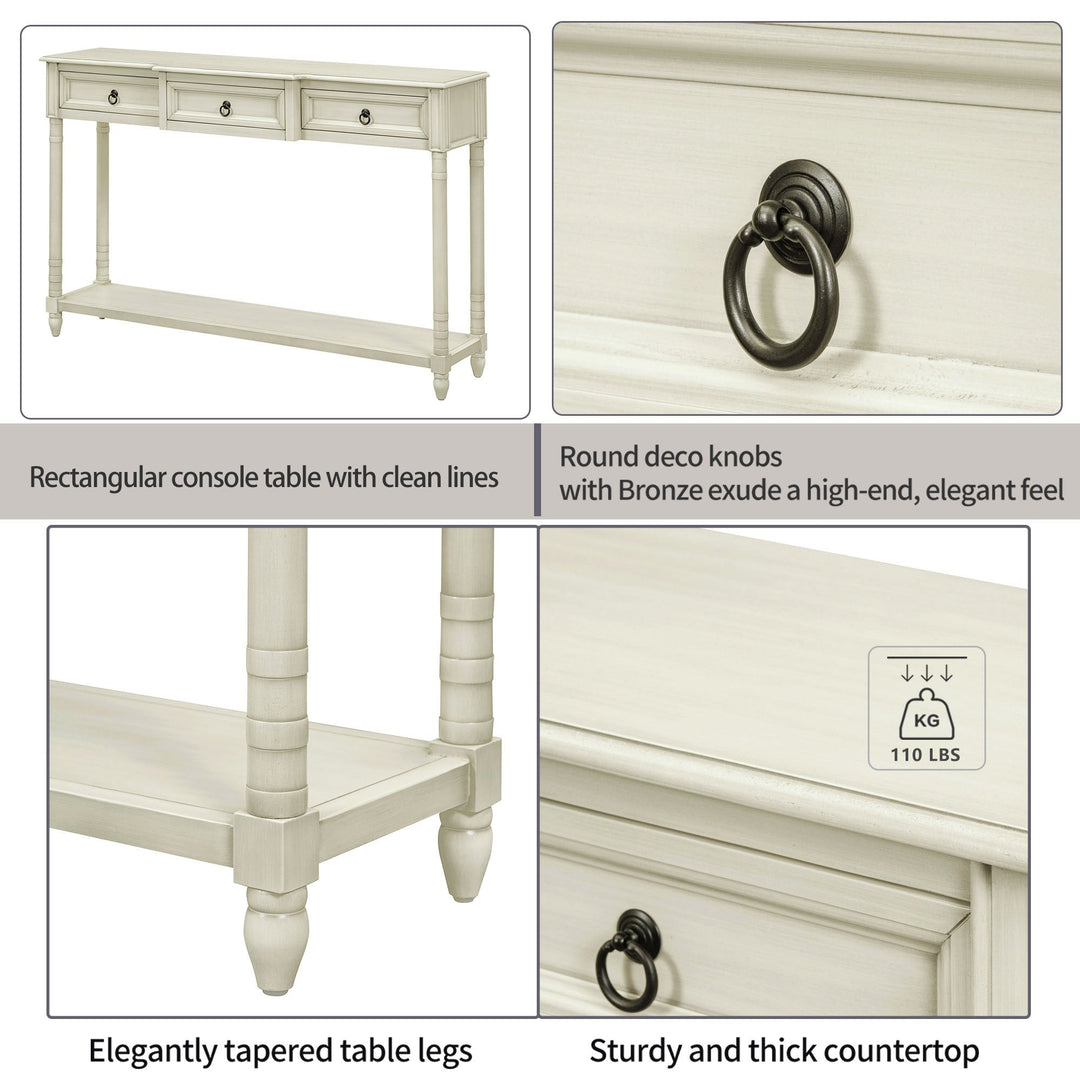 Console Table with Drawers for Entryway Antique White Sofa Table with Long Shelf and Projecting Drawers Image 7