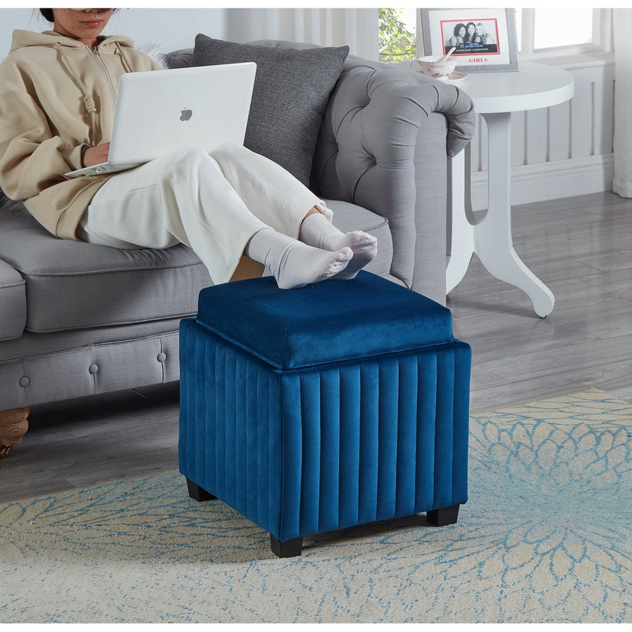 18 Inch Wide Contemporary Square Cube Storage Ottoman Bench Beige Velvet Fabric with Coffee Tray Living Room Foot Rest Image 1