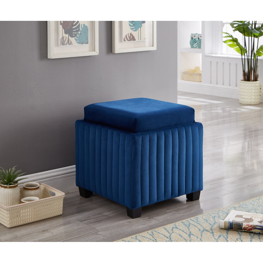 18 Inch Wide Contemporary Square Cube Storage Ottoman Bench Beige Velvet Fabric with Coffee Tray Living Room Foot Rest Image 3