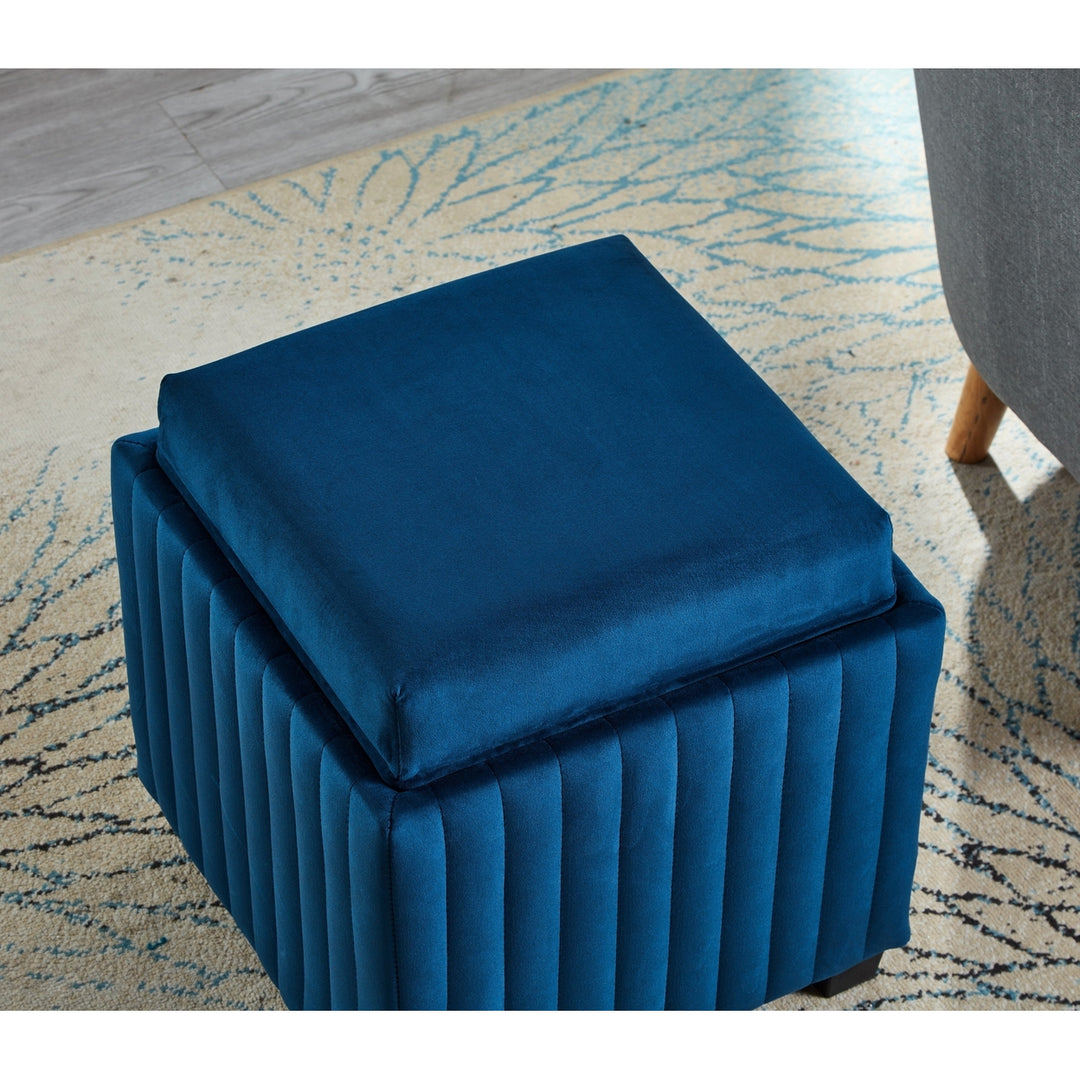 18 Inch Wide Contemporary Square Cube Storage Ottoman Bench Beige Velvet Fabric with Coffee Tray Living Room Foot Rest Image 4