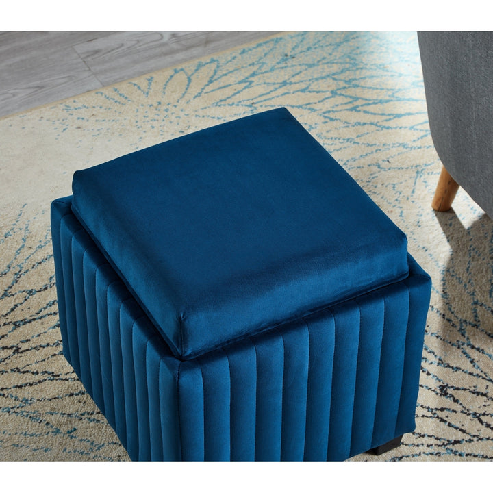 18 Inch Wide Contemporary Square Cube Storage Ottoman Bench Beige Velvet Fabric with Coffee Tray Living Room Foot Rest Image 4