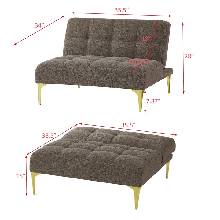 Convertible Sofa Bed Single Chair Futon Taupe Teddy Fabric Gold Metal Legs Image 9