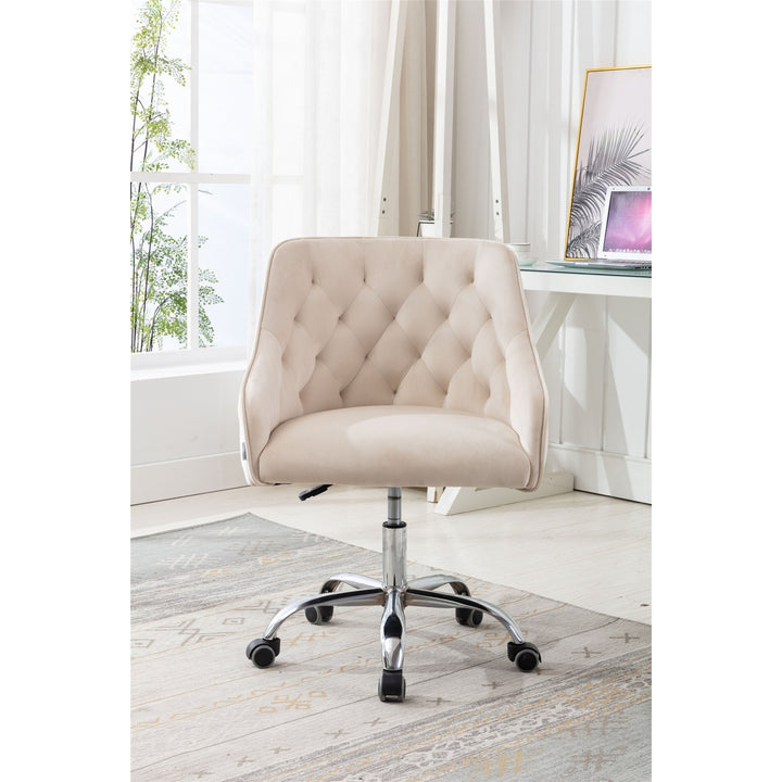 COOLMORE Swivel Shell Chair Beige Velvet Metal Base Modern Office Living Room Image 1