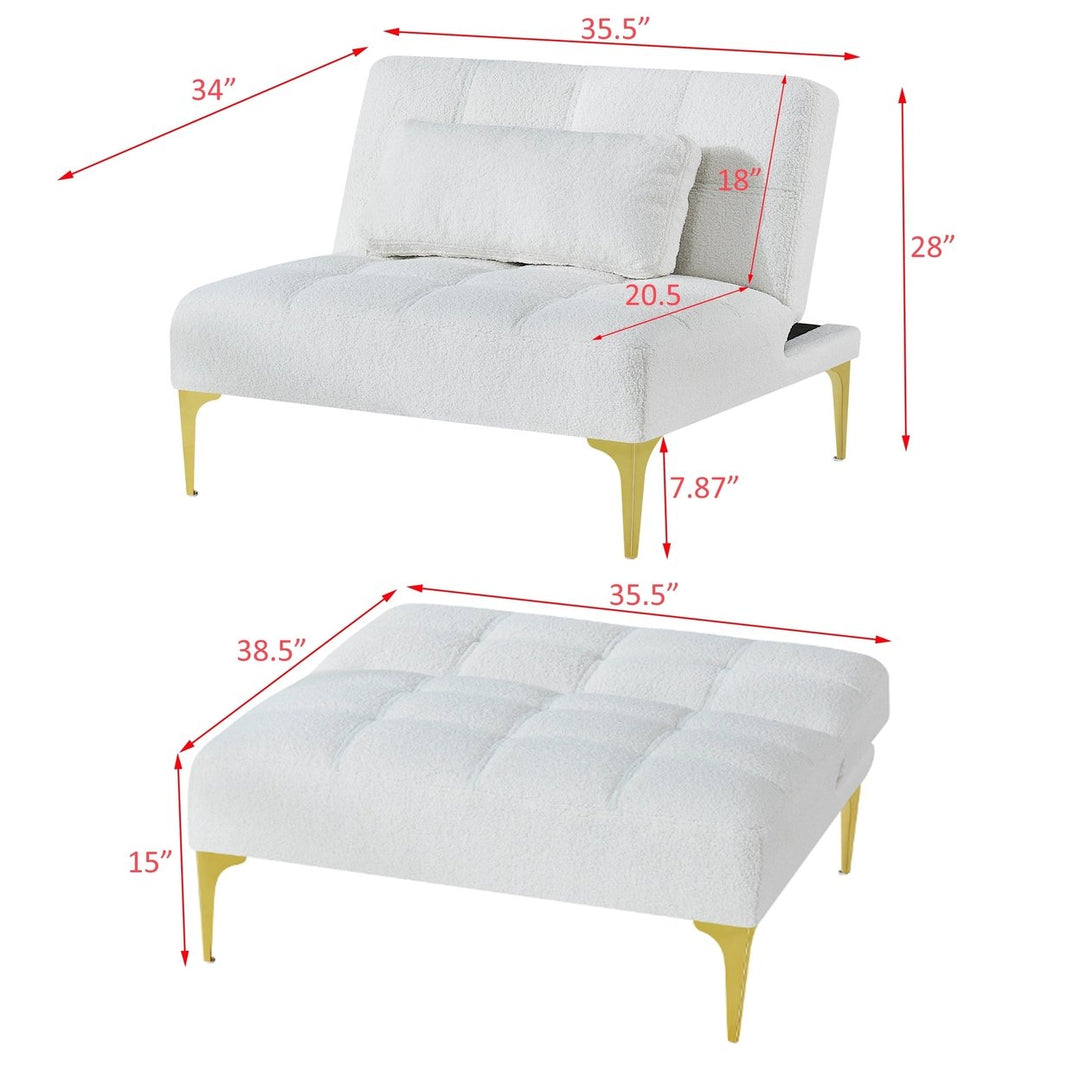 Convertible sofa bed futon with gold metal legs teddy fabric (White) Image 10