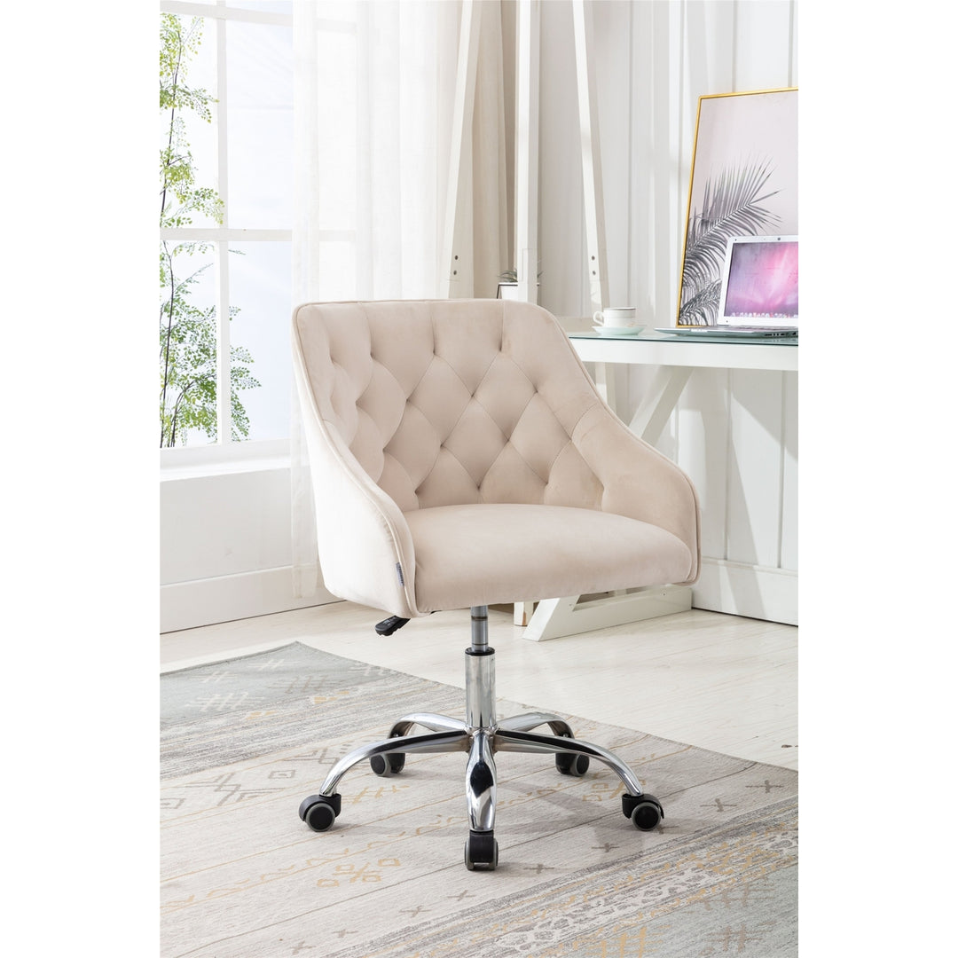 COOLMORE Swivel Shell Chair Beige Velvet Metal Base Modern Office Living Room Image 3