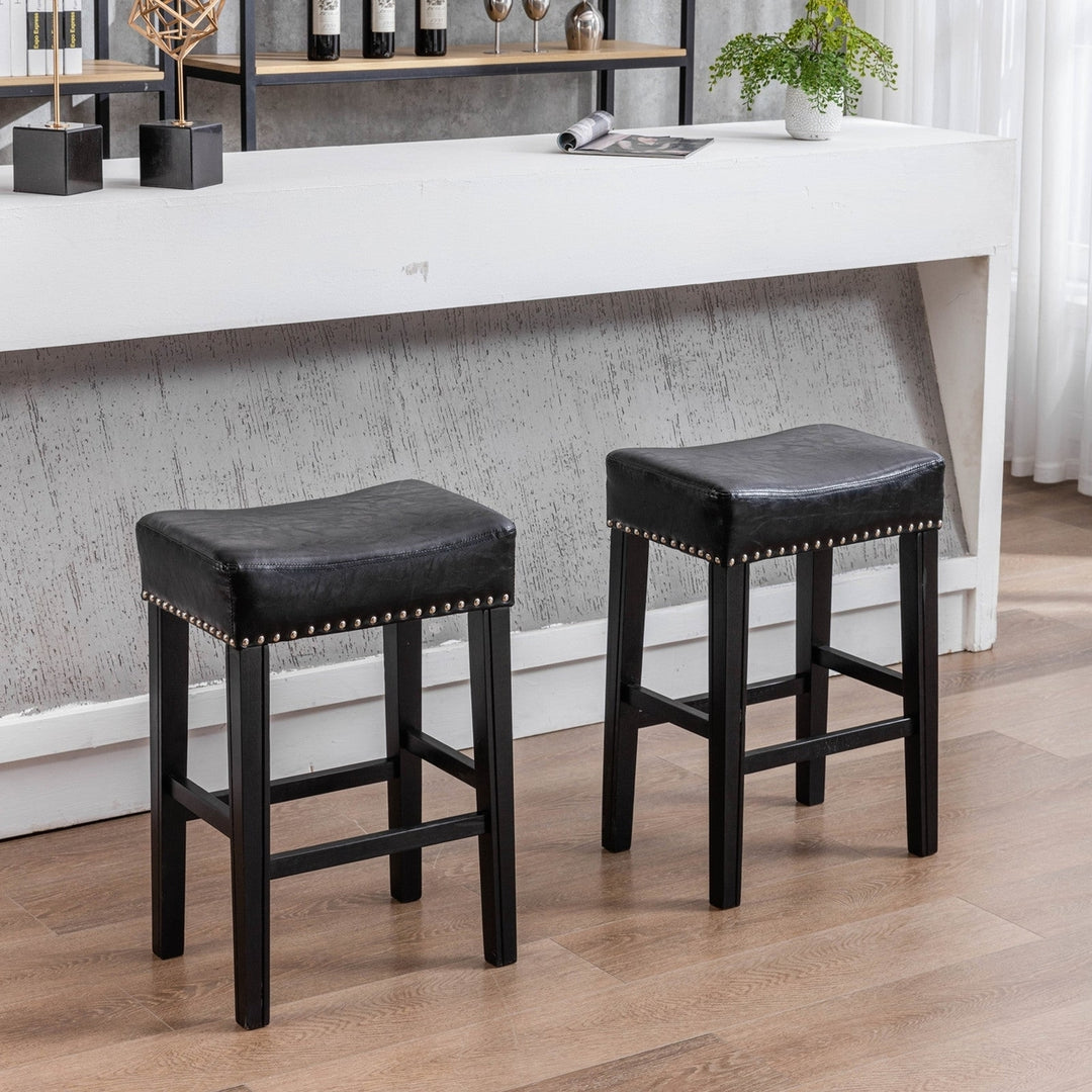 Counter Height Bar Stools 26 Inch Black Faux Leather Set of 2 Farmhouse Chairs Image 1