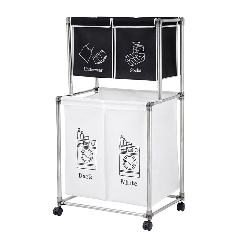 2 Tier Laundry Basket with Removable Bags Portable Sorter for Light Dark Clothes Image 2