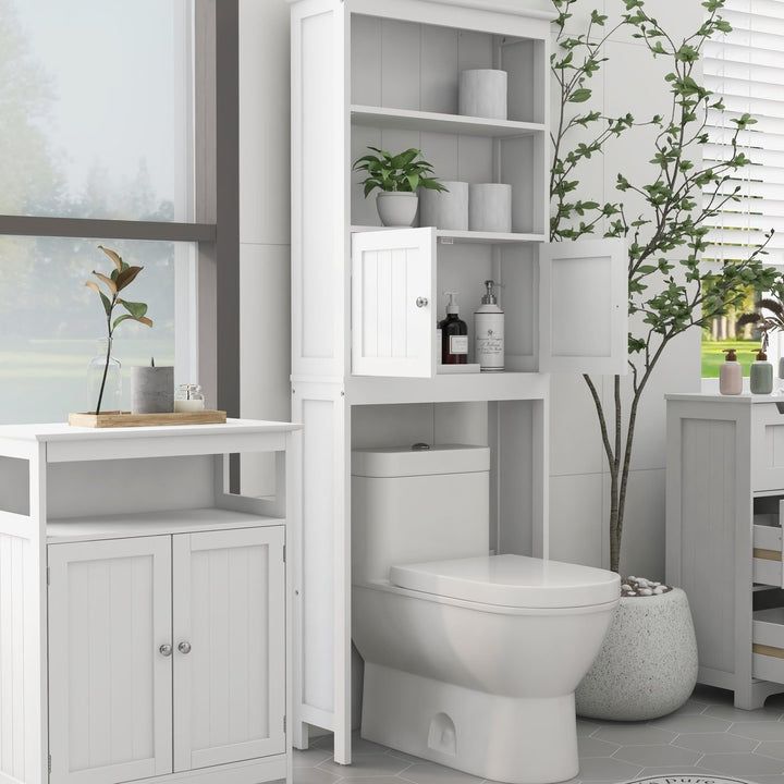 2-Tier Over The Toilet Storage Shelf Bathroom Spacesaver Organizer with 2 Doors Freestanding Wood Cabinet White Image 7