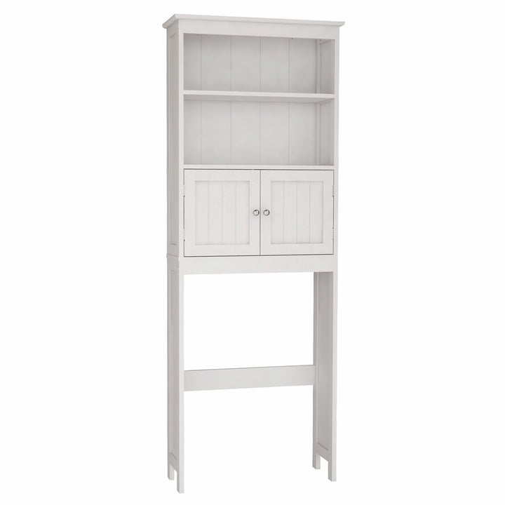 2-Tier Over The Toilet Storage Shelf Bathroom Spacesaver Organizer with 2 Doors Freestanding Wood Cabinet White Image 9