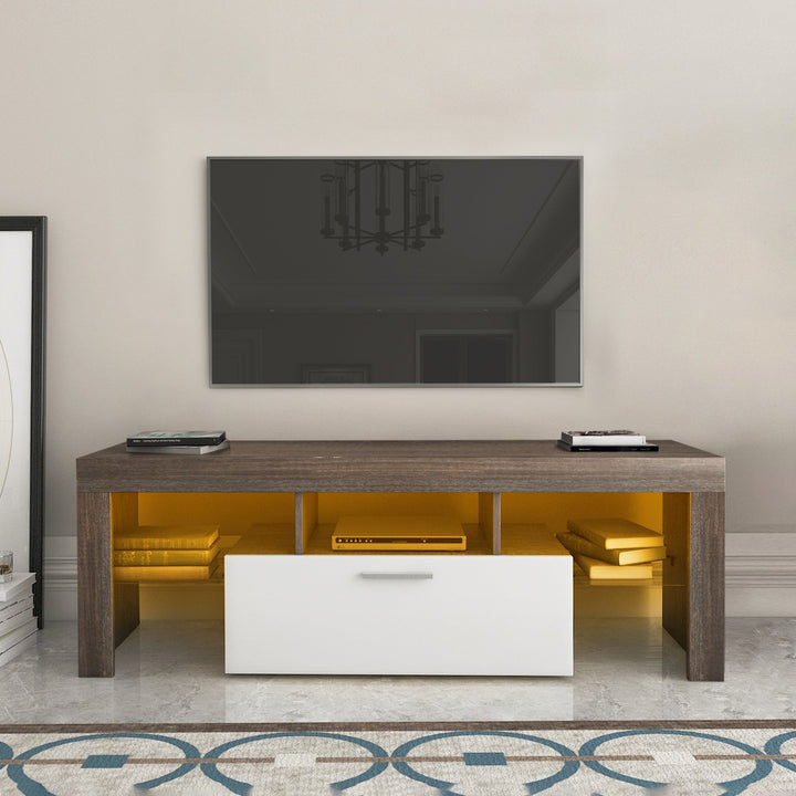 Brown Modern TV Stand with Glass Shelf LED Lights Quick Assembly Living Room Image 1