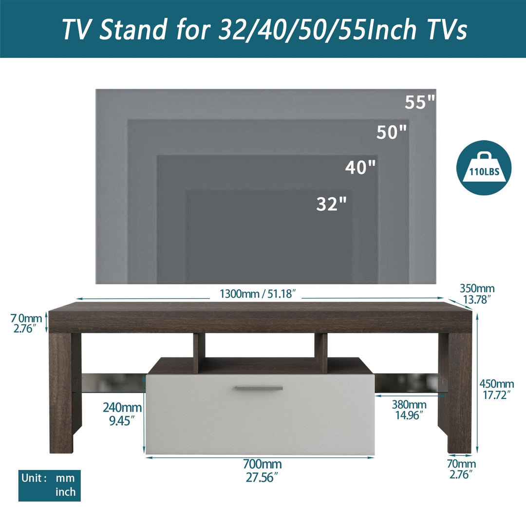 Brown Modern TV Stand with Glass Shelf LED Lights Quick Assembly Living Room Image 3