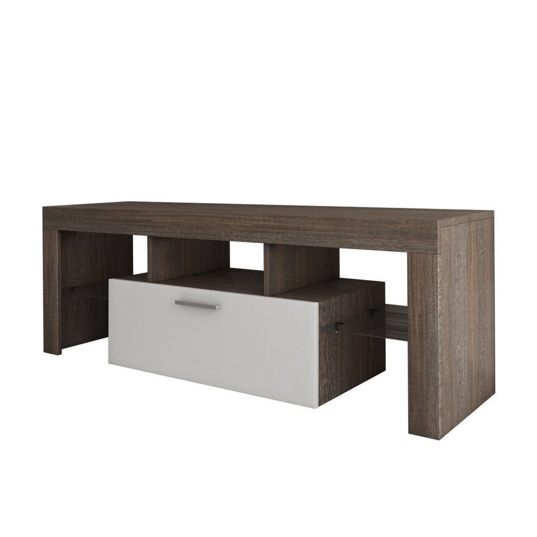 Brown Modern TV Stand with Glass Shelf LED Lights Quick Assembly Living Room Image 4