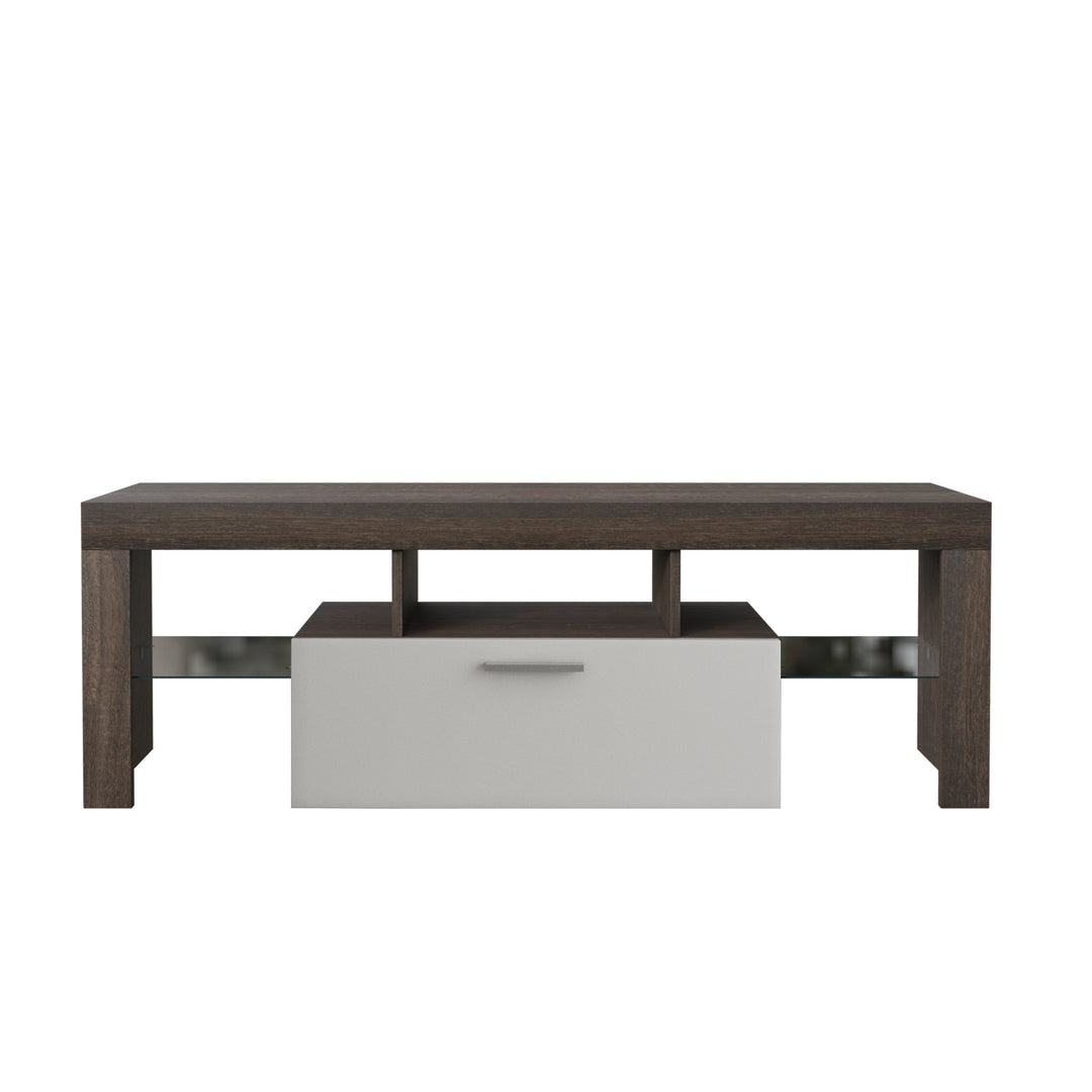 Brown Modern TV Stand with Glass Shelf LED Lights Quick Assembly Living Room Image 5