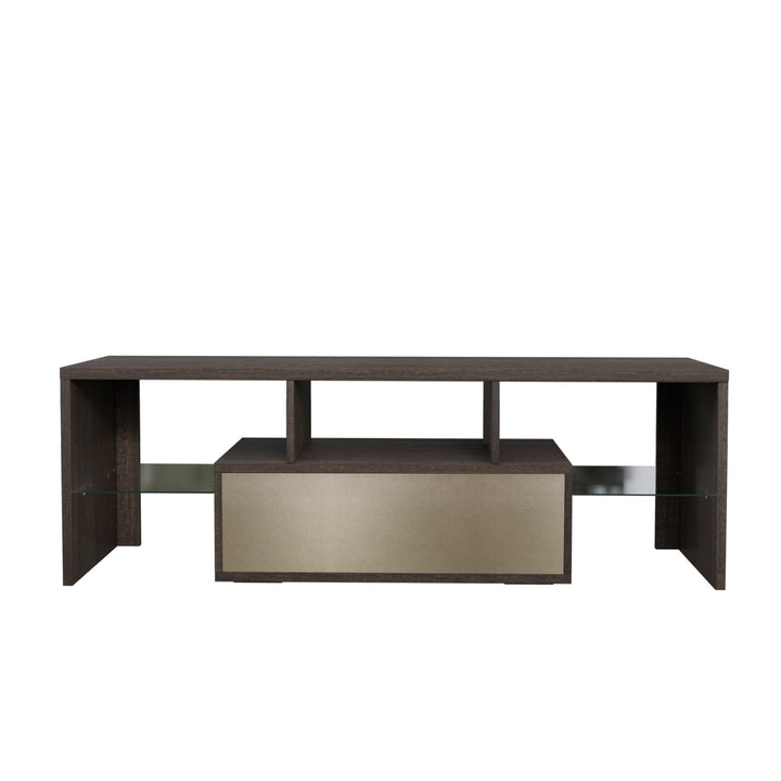 Brown Modern TV Stand with Glass Shelf LED Lights Quick Assembly Living Room Image 6