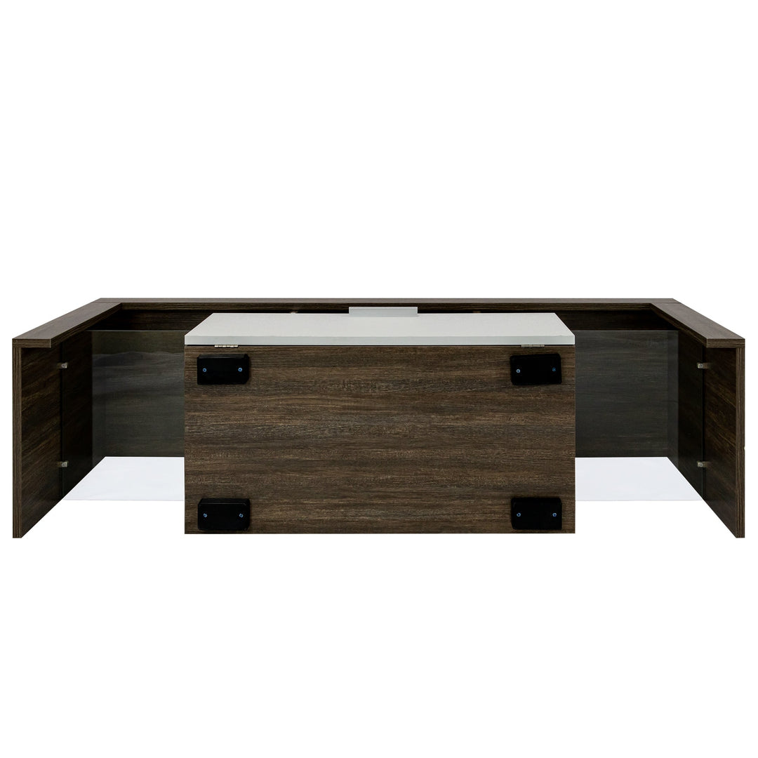 Brown Modern TV Stand with Glass Shelf LED Lights Quick Assembly Living Room Image 8