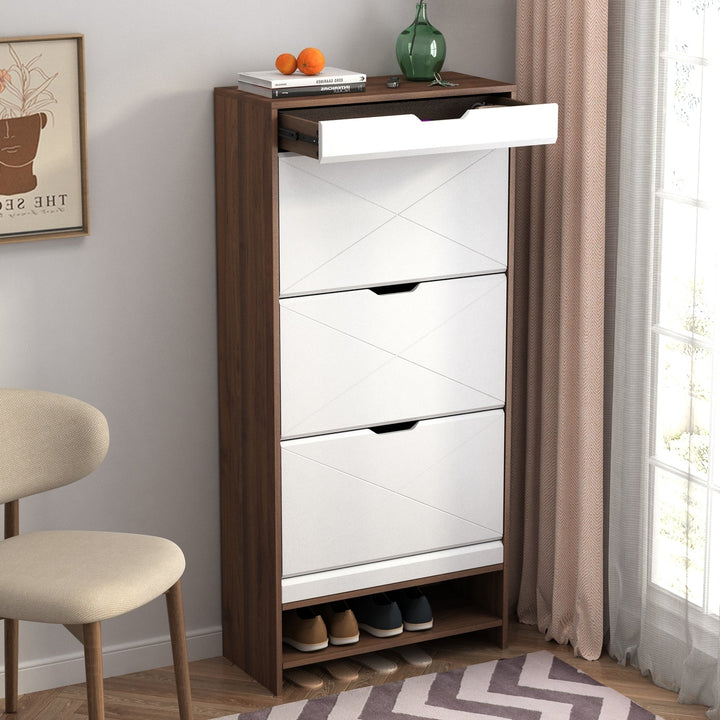 3 Tier White Shoe Storage Cabinet Walnut Accents Entryway Bedroom Organizer Image 1