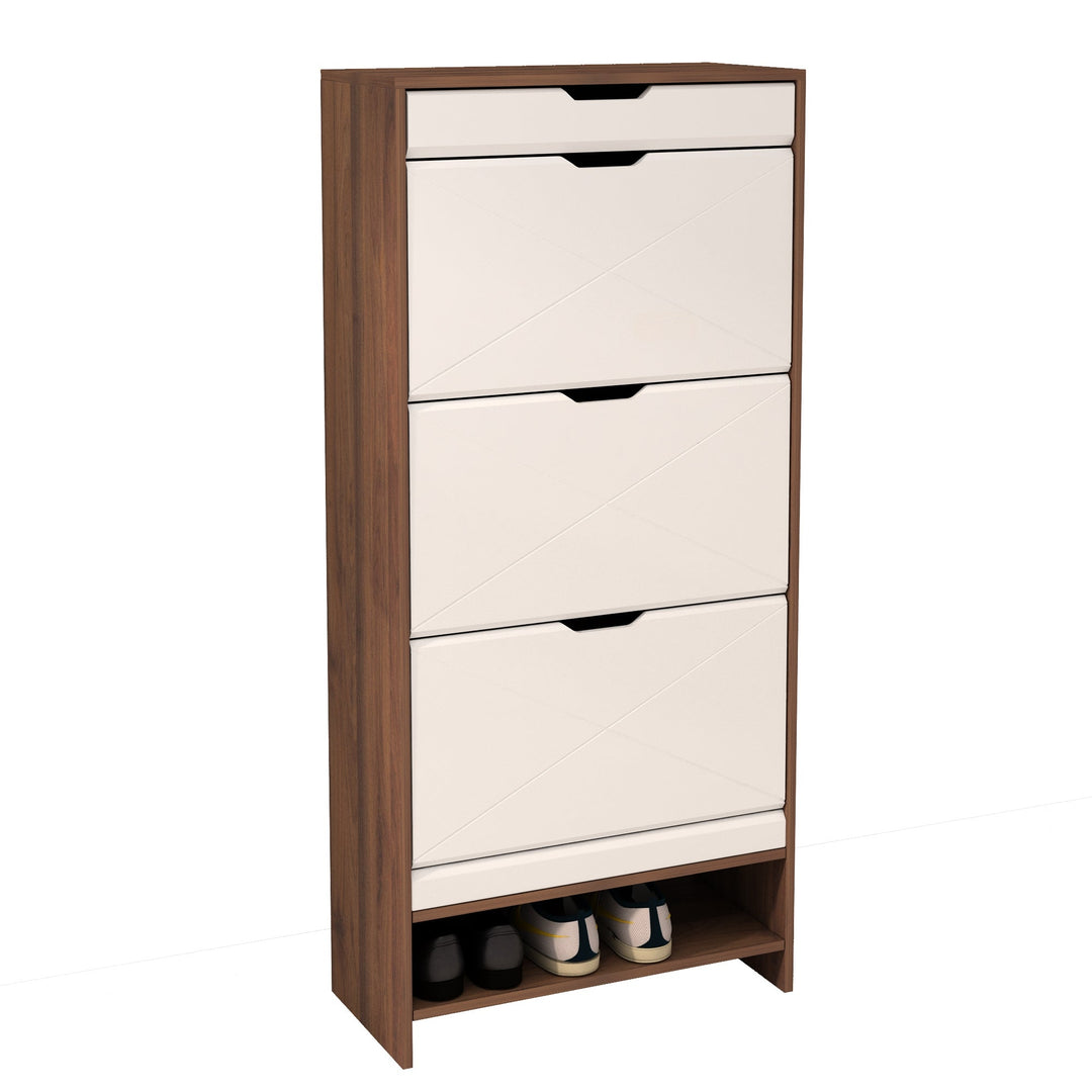 3 Tier White Shoe Storage Cabinet Walnut Accents Entryway Bedroom Organizer Image 4