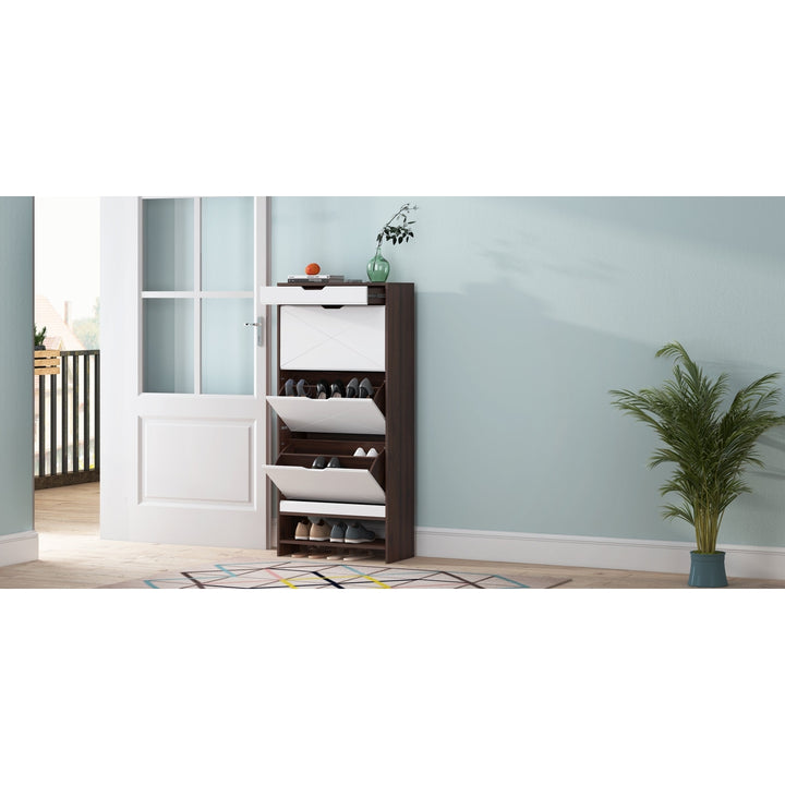 3 Tier White Shoe Storage Cabinet Walnut Accents Entryway Bedroom Organizer Image 9