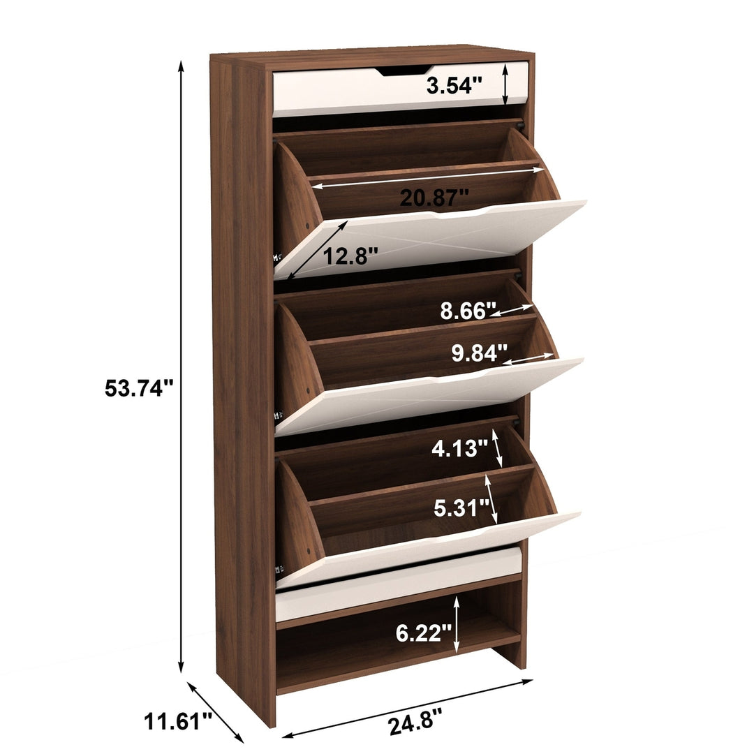 3 Tier White Shoe Storage Cabinet Walnut Accents Entryway Bedroom Organizer Image 10