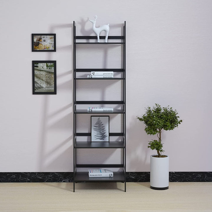 5 Tier Black Bookshelf, Modern Open Bookcase for Bedroom, Living Room, Office, Black - Ladder Shelf Image 6