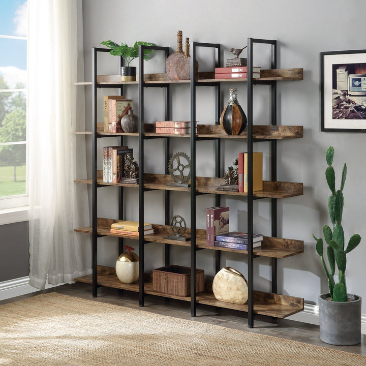 5 Tier Industrial Bookcase MDF Metal Frame Open Bookshelf Vintage Design Decor Image 1