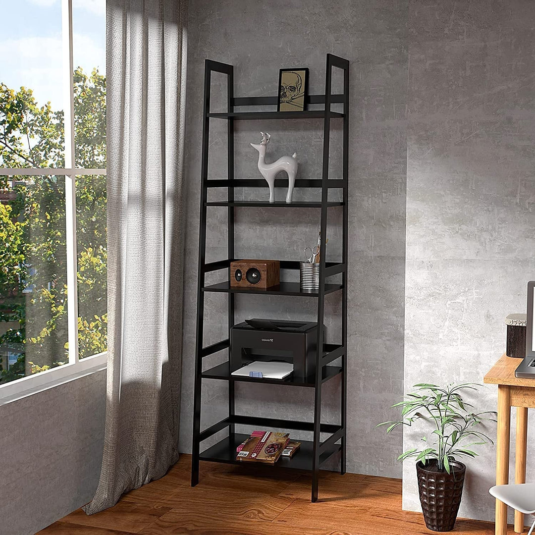 5 Tier Black Bookshelf, Modern Open Bookcase for Bedroom, Living Room, Office, Black - Ladder Shelf Image 7