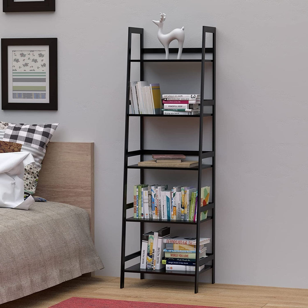 5 Tier Black Bookshelf, Modern Open Bookcase for Bedroom, Living Room, Office, Black - Ladder Shelf Image 8