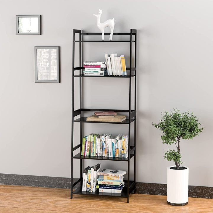 5 Tier Black Bookshelf, Modern Open Bookcase for Bedroom, Living Room, Office, Black - Ladder Shelf Image 10