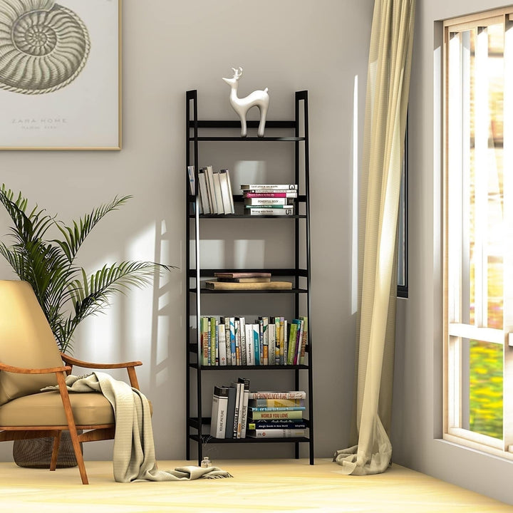 5 Tier Black Bookshelf, Modern Open Bookcase for Bedroom, Living Room, Office, Black - Ladder Shelf Image 11