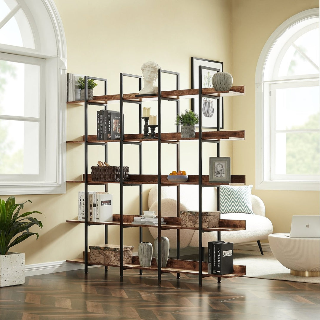 5 Tier Industrial Bookcase MDF Metal Frame Open Bookshelf Vintage Design Decor Image 6