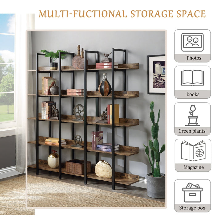 5 Tier Industrial Bookcase MDF Metal Frame Open Bookshelf Vintage Design Decor Image 7