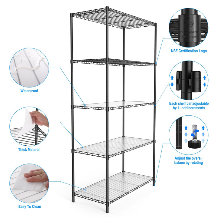 Heavy Duty 5 Tier Wire Shelving Unit Black 72H 36L x 16W Steel Storage Rack Image 7